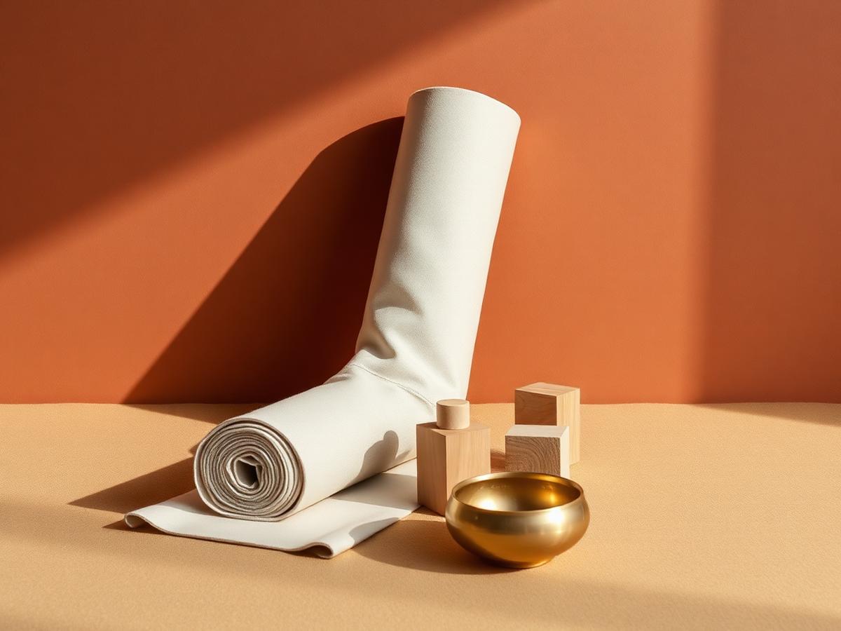 Yoga mat, wooden blocks and a brass bowl