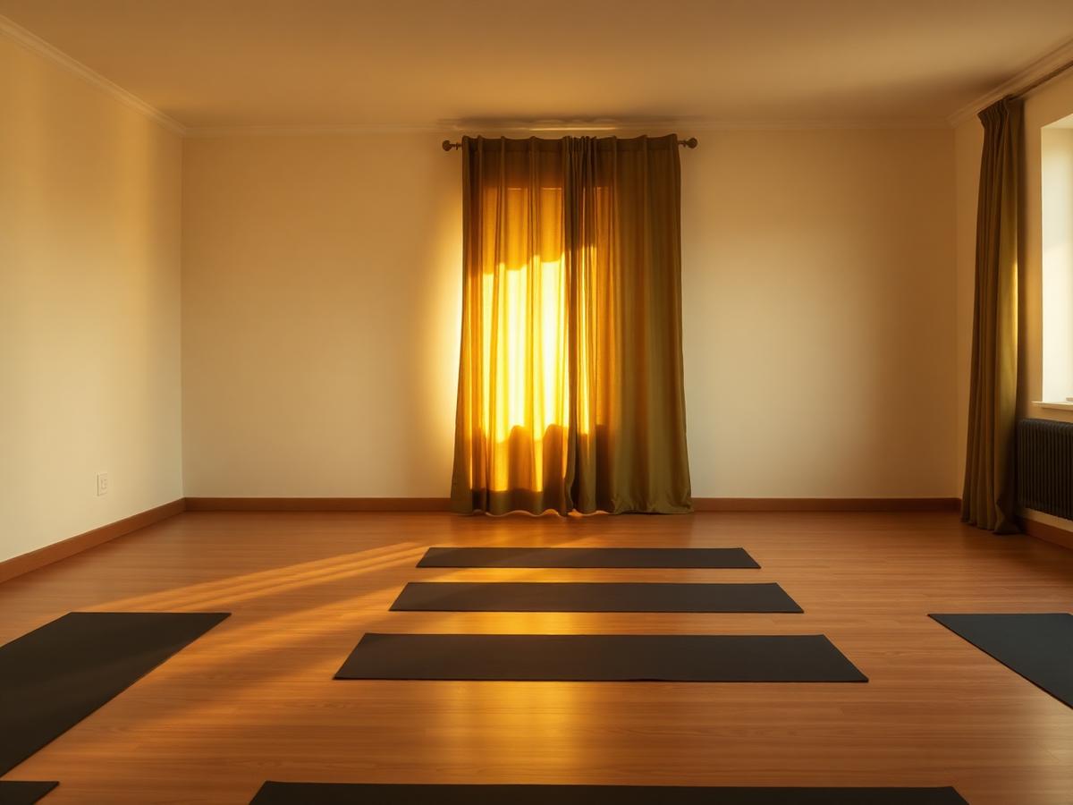 Studio interior with mats laid out in morning light